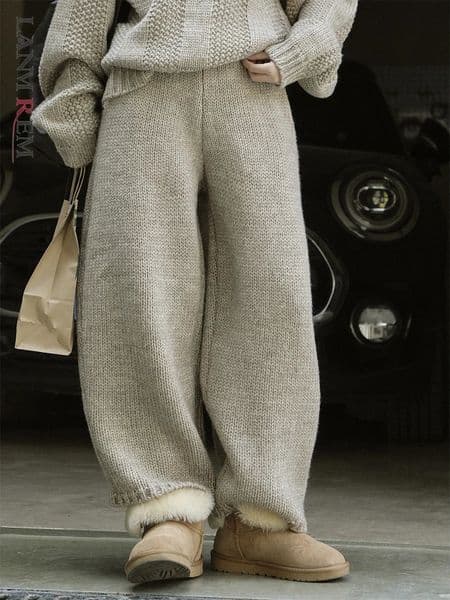Lanmrem Womens Wide Leg Pants Retro Loose High Waist Elastic Solid Color Knitted Mens Winter Style 2WA140 241024