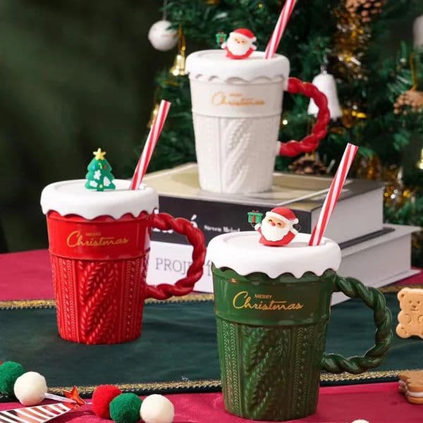 Christmas ceramic coasters with straw Santa Claus Christmas tree decorations cups Christmas gifts surprise items and supplies 241024