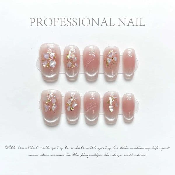 10Pcs Pink Cats Eye Handmade Nails Shell Pearl Decoration Full Cover Manicuree Artificial Wearable Fake Nail Press on Nail TipsXJ241025