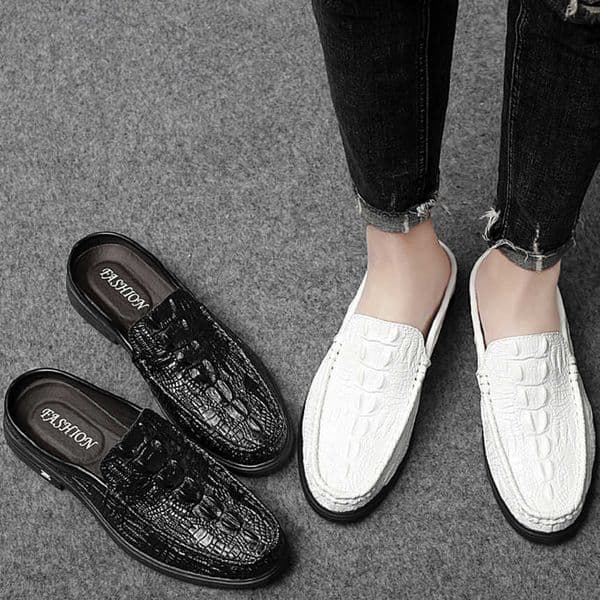 Men Dress Shoes Mens Summer Fashionable Breathable Half Dragged Casual Shoes Mens Korean Edition Crocodile Pattern Casual Leather Shoes 241009