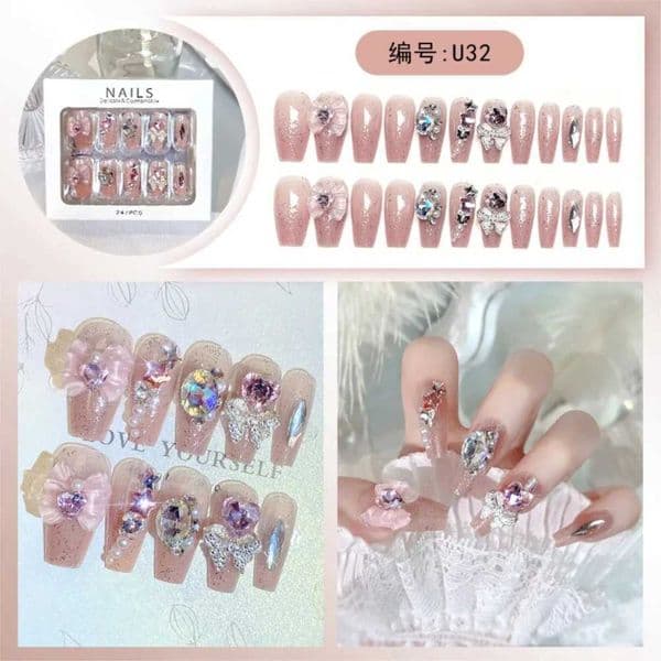 Press Ons Nail 24Pcs Acrylic Handmade Press On Medium Ballerina Fake With nail salon Butterfly nail tech Rhinestone Wedding False