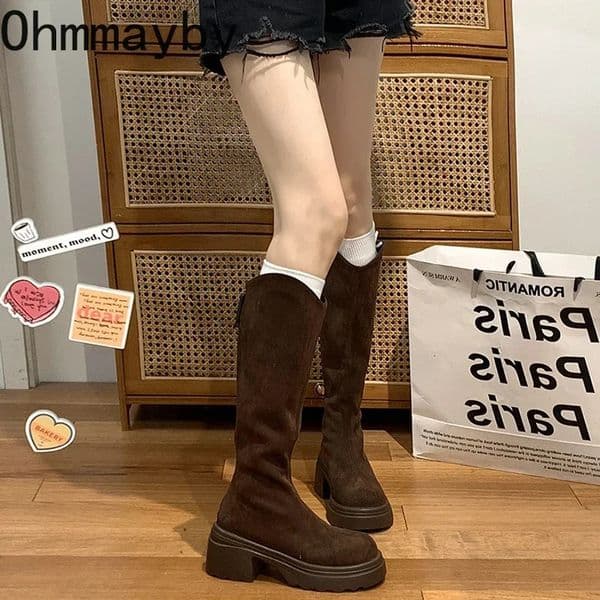 Retro suede womens knee high boots fashionable zipper knight boots platform square high heels Botas De Mujer 250225BJ