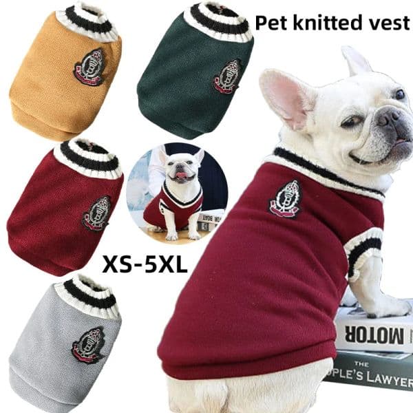 Pet Dog Knitted Sweater Clothes for Small Medium Dogs Winter Warm Padded V-neck Dog School French Bulldog Coat