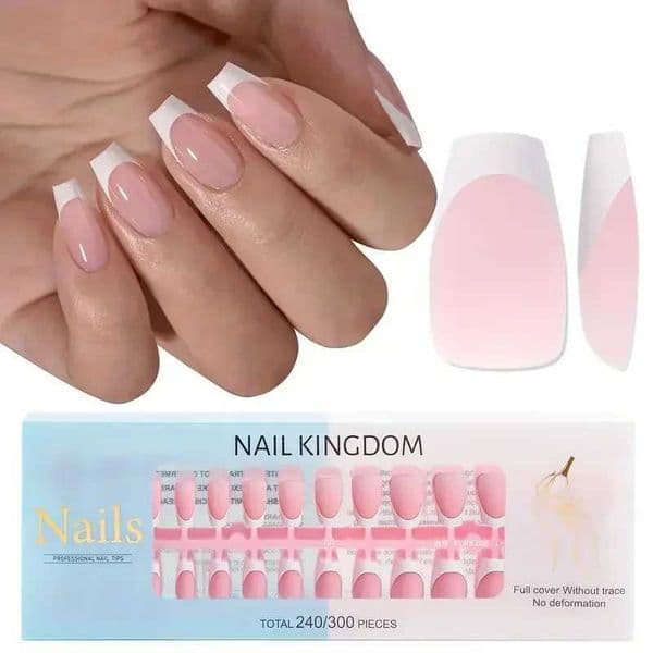 240Pcs Long Ladder Pressing Nail Set Acrylic Almond Solid Color Smooth French White Nail Tip Extension DIY Nail Art Salon W241026
