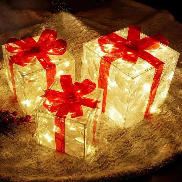 Christmas Glowing Gifts Box Decoration Ornament With Bow Lighting Outdoor Light Xmas Year Home Yard Decor 241021