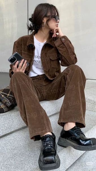 (go off picture not the description) Fashion Designer Brown Corduroy Sets Women's Chic Style Jackets Long Pants 29447