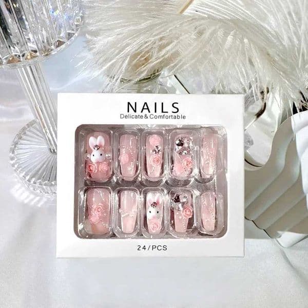 24 pieces of fake nails 3D rabbit star rhinestone design white blue embossed nails ballet dancer fake nails women DIY handmade W241026