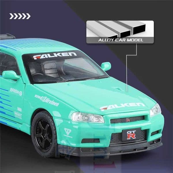 High Quality 1 32 Nissan Skyline Ares GTR R34 Alloy Rail Sports Car Model Diecasts Metal Racing Car Model Simulation Sound Light Childrens Toy Gift T241025
