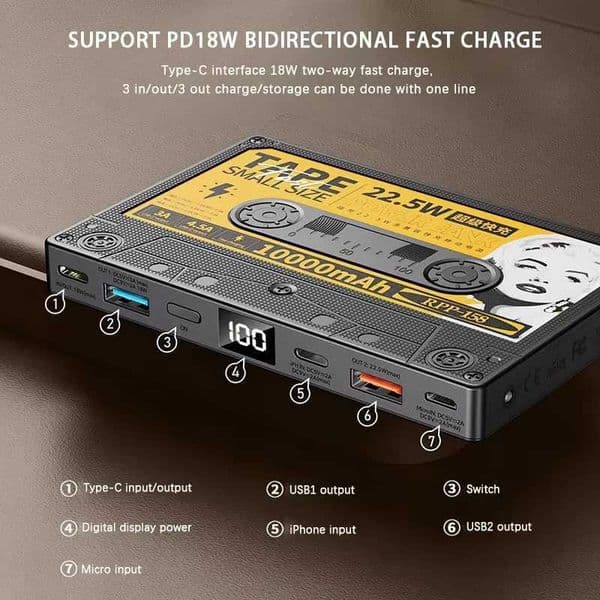 Hot Sale Remax Retro Tape Power Bank 10000mAh QC Fast Charging USB LED Digital Display Screen T241026