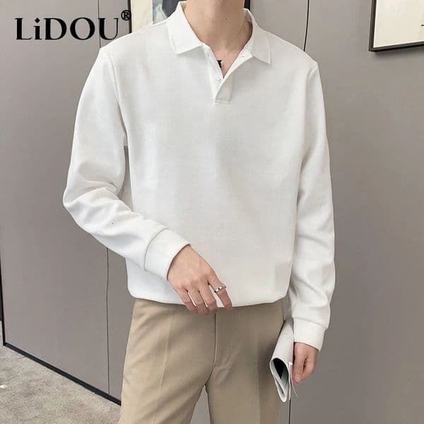 Spring Autumn Korean Casual Fashion solid color Polo Tshirts man Ropa Hombre Long Sleeve Loose Button Tops All Match Streetwear 241024