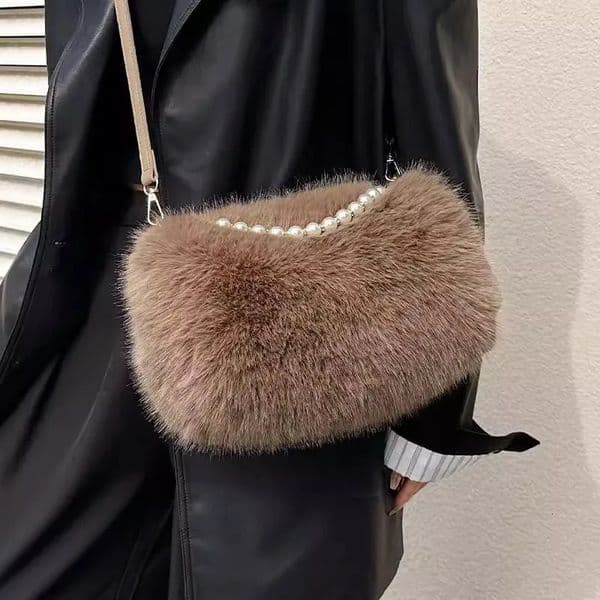 Winter Fashion Plush Casual Womens Shoulder Bags Candy Color Pearl Handle Ladies Crossbody Bag Simple Portable Female Handbag 241025