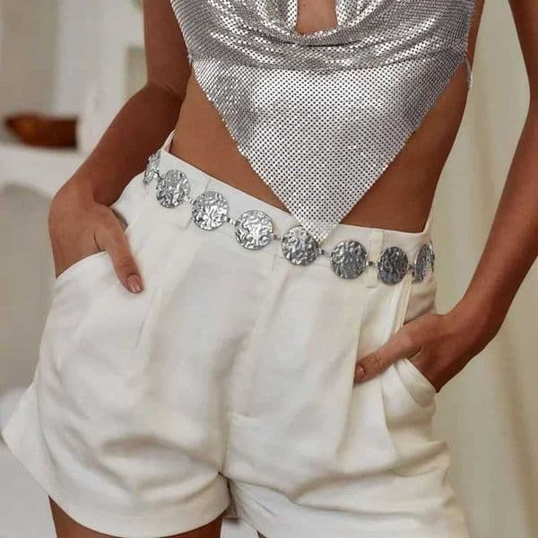 Fashionable and elegant womens metal belt with gold circular irregular butterfly diamond pearl body chain accessory strap W241025