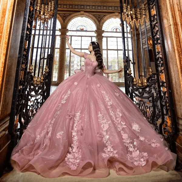 Quinceanera Pink Dresses Off The Shoulder Appliques Lace Beads Prom Dress Tull Tiered Vestidos De Ral Formal Princess Party Ball Gowns