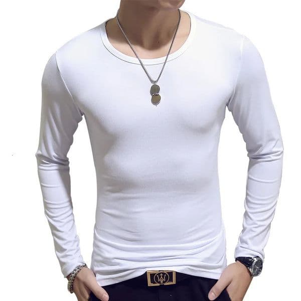 Plain Long Sleeve Korean Undershirt Man Tee Tops White Tshirt for Men Casual Tees Slim Fit Tshirts Black O Neck 241024