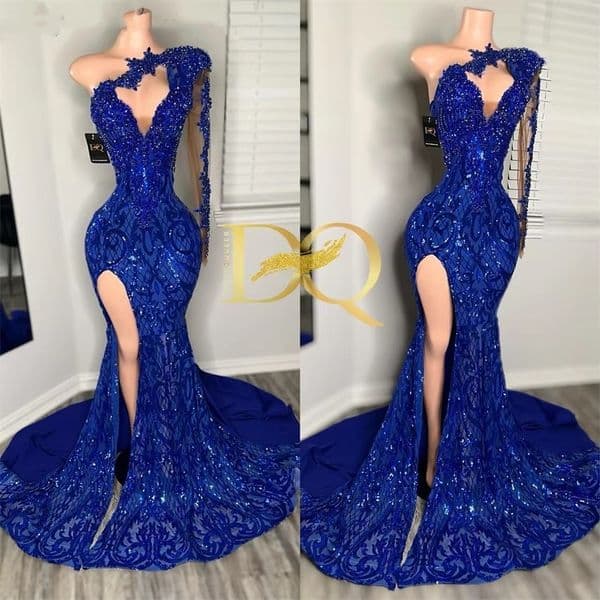 Royal Glitter Blue Mermaid Prom Dress Beading One Shoulder Senior Party Vestidos Birthday Gowns