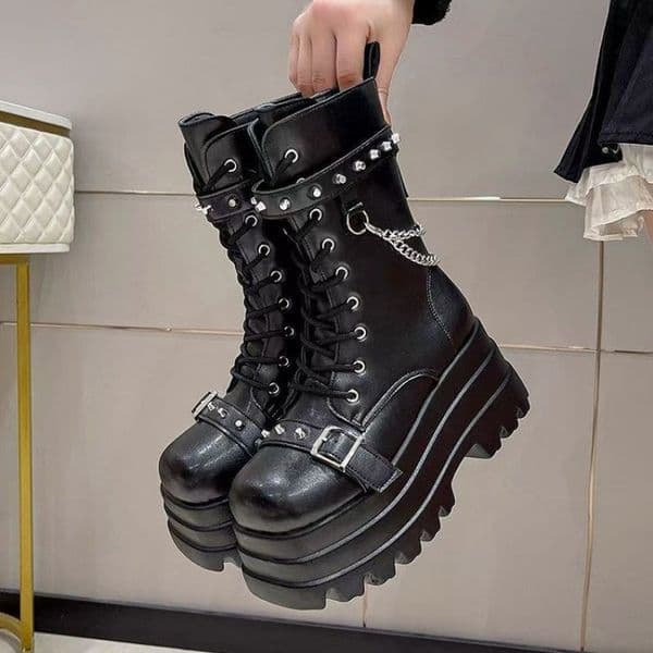 2025 new Thick Platform Gothic Lady Buckle Autumn Shoes Women Wedges Knee High Boots Punk Street Cosplay Botas Motorcycle Chain b7fb