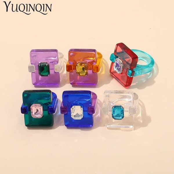 Trendy Resin Crystal Finger Rings for Girls Punk Geometric Square Big Women Fashion Jewelry Party Gifts 241028