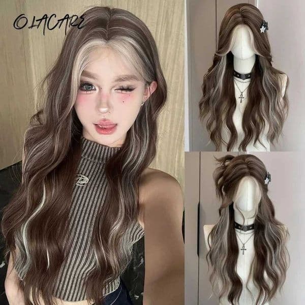Brown blonde long wave synthetic wig some natural wigs heat-resistant cosplay party daily hair wig for women and girls M241028