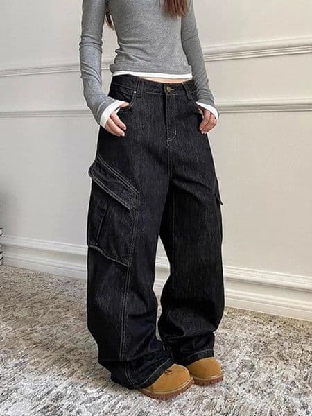 WCFCX STUDIO Harajuku Retro Bag Jeans Womens Street Clothing Y2K Wide Leg Denim Trouser Autumn Korean Fashion Straight Pants 241028