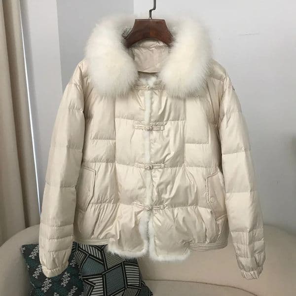 Real Fox Mink Fur Collar Winter Women White Duck Down Jacket Ladies Vintage Short Warm Puffer Coat Female Parka Outerwear 241028