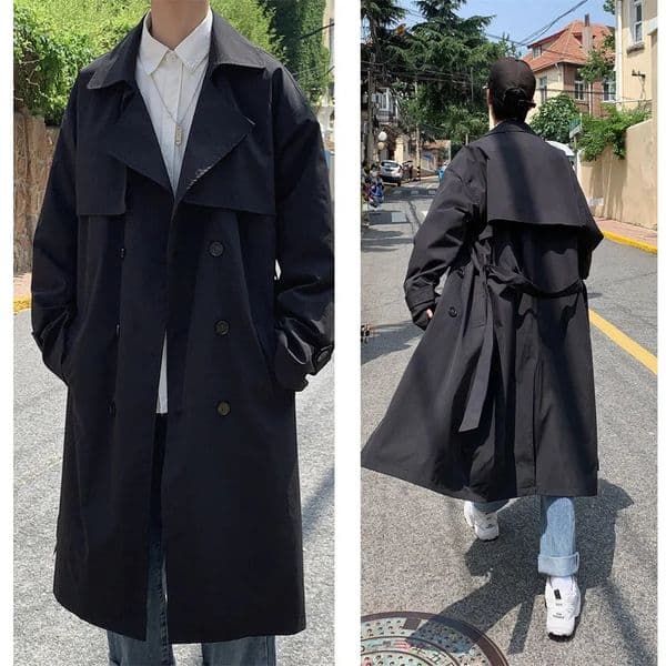 Korean spring trench coat mens street clothing windproof trench coat mens solid business casual loose long coat 241028