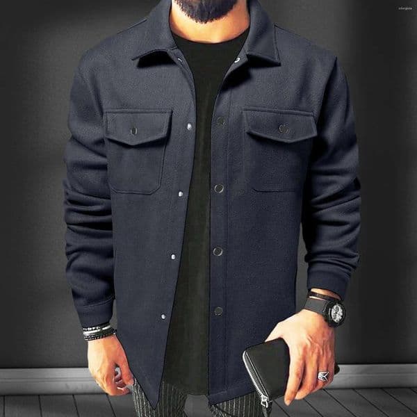 Men's Jackets Men Button-Down Shirt Jacket Solid Color Lapel Autumn Winter Long Sleeve Casual Coat With Flap Pockets