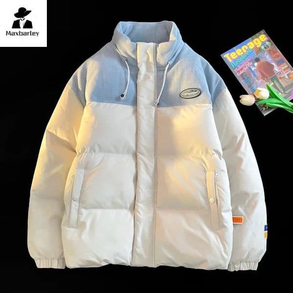 2024 Winter Jacket Mens Harajuku Corduroy Stitching Thickened Warm Parka Japanese Style Street Coldproof Padded Coat Ski 241024