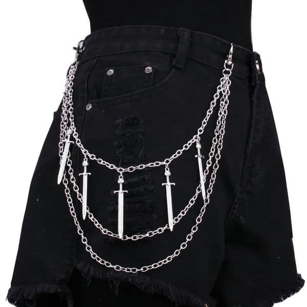 Punk Street Silver Color Cross Sword Charm Belt Waist Chain Male Women Pants Multi Layer HipHop Hook Trousers Keychain 241028