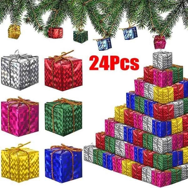24/12 laser mini gift boxes Christmas tree decorations colorful foil candy box pendants Christmas home party decorations W241029