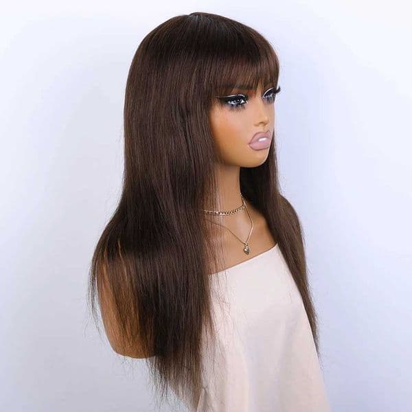New Arrival Lekker chocolate brown straight 100% wig with bangs suitable for Brazilian women Remy hair all male 18 24 wig Z241028