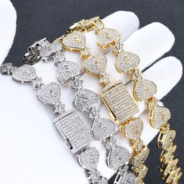 High Quality Men Necklace 15mm Hip Hop Dollar Purse Cuban Chain Necklace 18K Gold Plated 5A Zircon Jewelry Set