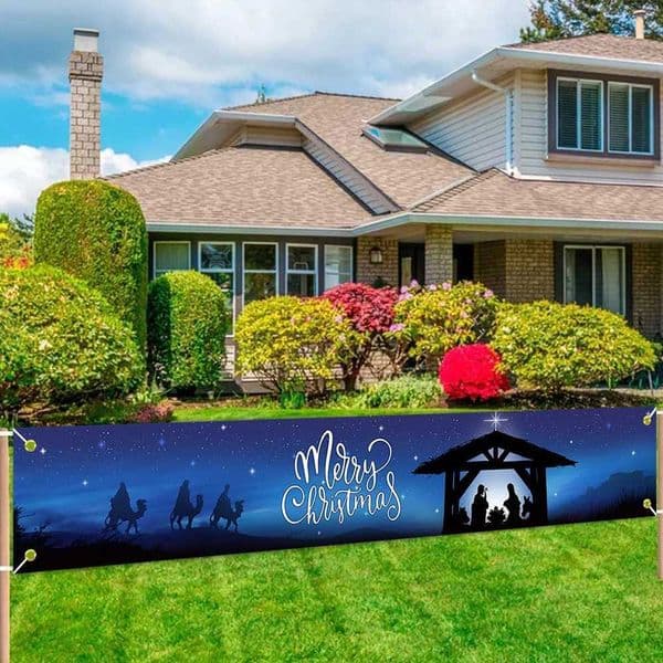 Merry Christmas Banner 300cm/118inch Long Xmas Banner with Jesus Birth Blue Christmas BannerXJ241029