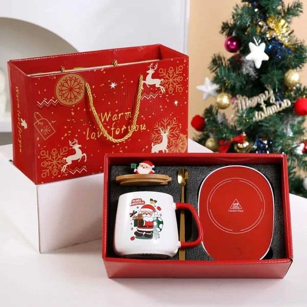 Christmas Gift Set Warm 55 Ceramic Cup with Lid Santa Claus for Office or Home Use W241029
