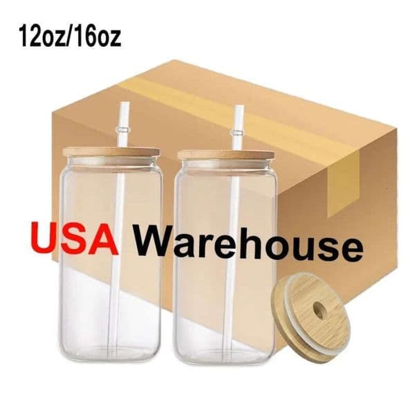US STOCK 16 Oz Sublimation Glass Beer Mugs With Bamboo Lid Straw Tumblers DIY Blan Frosted Clear Can Cups Heat Transfer Tail Iced Coffee Whiskey Glasses Ss1105