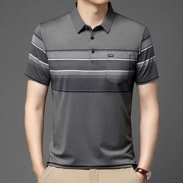 Short Sleeve Contrast Color Striped Button Summer Pullover Turn-down Collar Pockets Polo T-shirt Casual Mens Summer TopsX241028