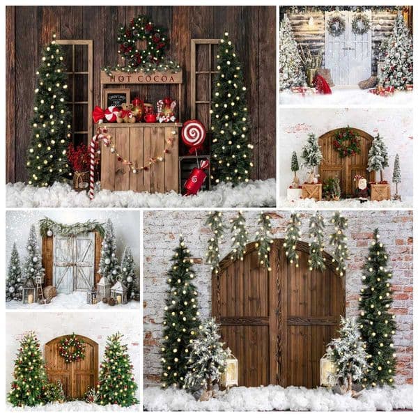 Photography Background Christmas Barn Front Door Children Family Portrait Prop Winter Xmas Trees Lantern Photo Studio BackdropXJ241029