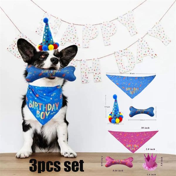 Dog Birthday Boy Bandana Hat Toy Set Pet Happy Birthday Party Supplies Triangle Bibs with Cute Bone Dog Birthday Scarf Accessories and Decoration for Doggy Large Dog