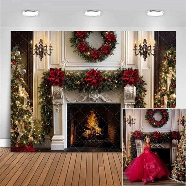 Elegant Christmas Fireplace Photo Background Kids Family Portrait Photography Backdrop Xmas Tree Red Wreath Photo Studio PropsXJ241029