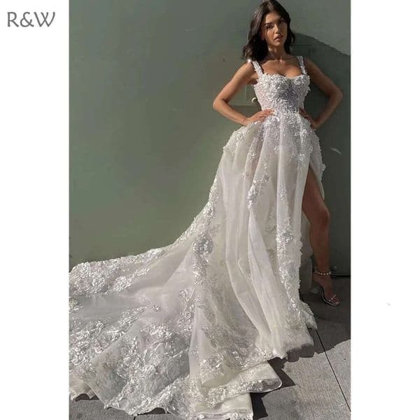 Princess Boho Wedding Dress Women Gorgeous Sleeveless Lace Appliques Pleats A-e Bridal Gown Sweep Train