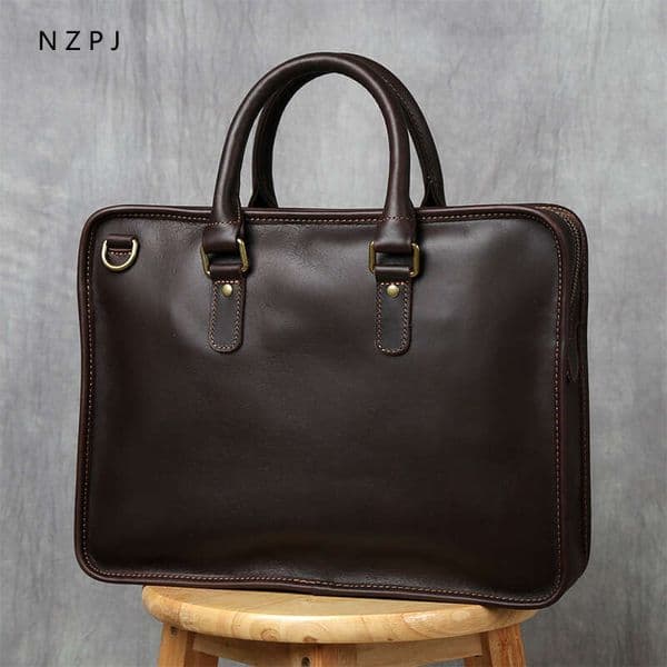 retro mens briefcase leather laptop top layer cowhide casual handbag 14 inch business shoulder messenger bag