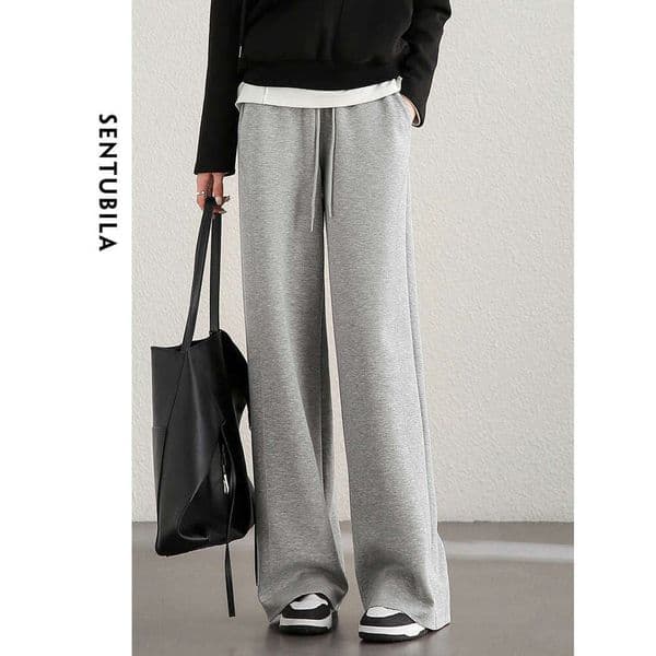 SENTUBILA Women Casual Sporty 2024 Autumn Knitted Lace Up Elastic Waist Solid Wide Leg Pants Trousers 143K54656