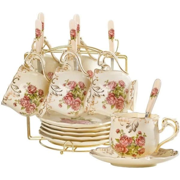 YOLIFE Ivory Pink Rose Tea Cups and Saucers Set of 6 Vintage Floral 241024