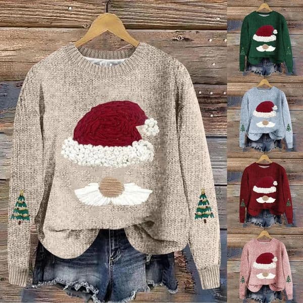 2025 Womens Christmas Tree Embroidered Top Autumn/Winter Thick Pull Flower Round Neck Casual Sweater 241030