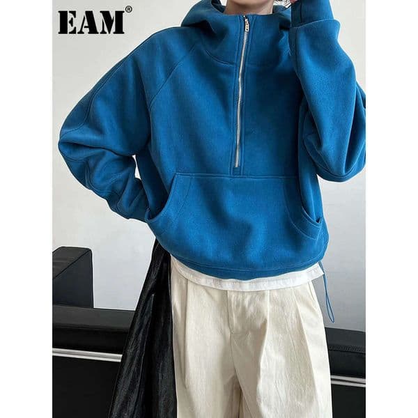 EAM Blue Pocket Zipper Drawstring Casual Sweatshirt New Hooded Long Sleeve Women Big Size Fashion Spring Autumn 2023 1Dh7200