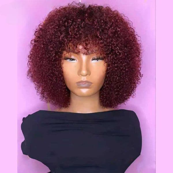 Malaysion Short Afro Kinky Curly 99J Wig for Woman Simulation Lace Front Human Hair Wigs 180% Density Burgundy Red/black Afro Kinky Curly Wigs with Bangs