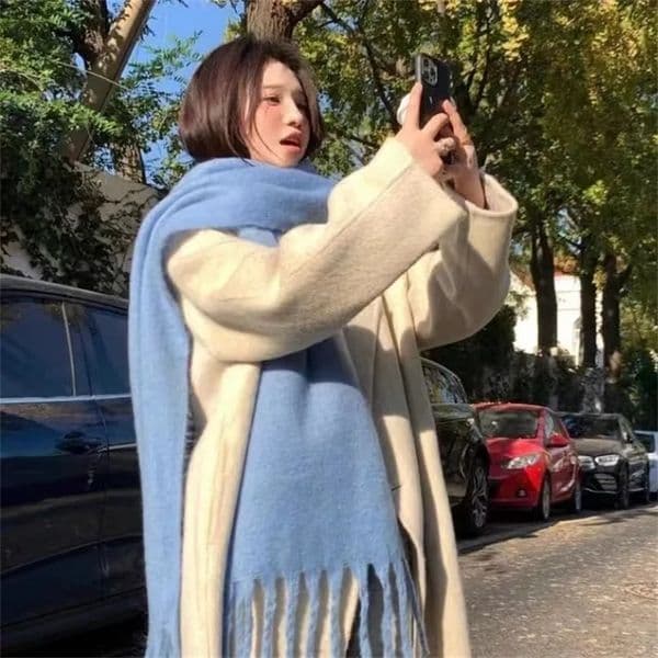 1PC Solid Color Wool Scarf Women Thick Shawl Wraps Winter Warm Long Tassel Hijab Foulard Femme Scarves 230*37cm 241009