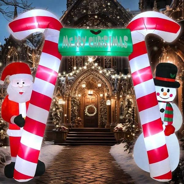 9 FT Christmas Inflatable Candy Cane Archway with Santa and Snowman Blow Up Merry Christmas Decorations Built-in Led LightsXJ241026