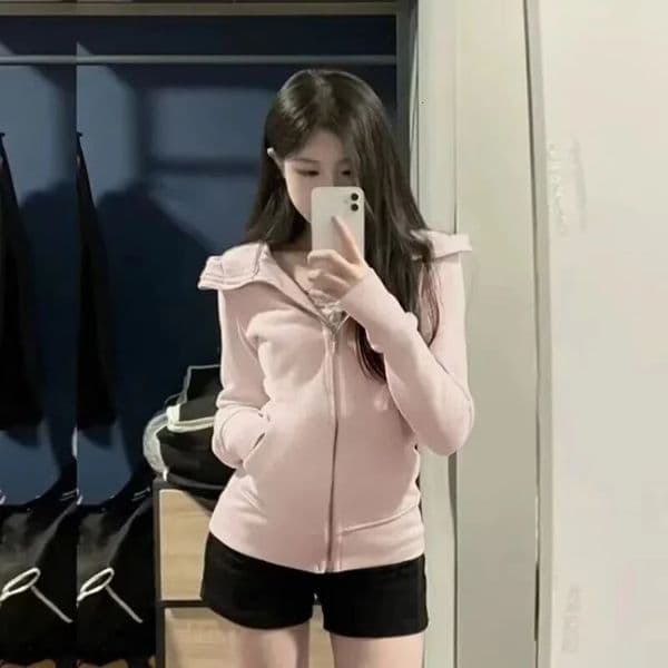 American retro cut hooded womens Korean streetwear gray zipper hooded sweatshirt casual Y2k ultra-thin hooded shirt 241025