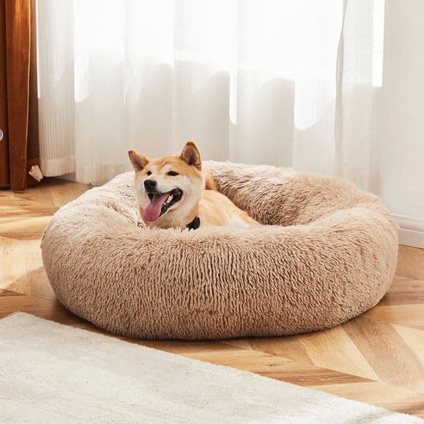 JHK Calming Dog Bed for Medium to Large Dogs Washable Pet AntiSlip Round Fluffy Plush Faux Fur 241028