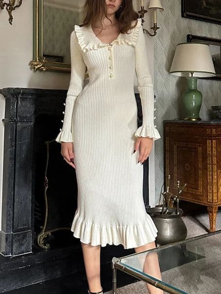 TARUXY High Waist Ruffled Maxi Dresses For Women Autumn Winter Knitted Slim Long Dress Womens Vintage Dress Woman Retro Elegant 241030